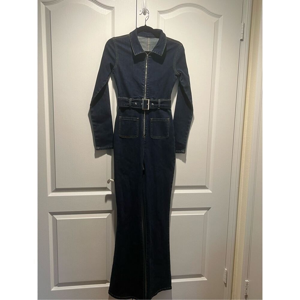 Vintage front zip tie waist jumpsuit in mid wash COLOUR: Dark wash size S - Picture 4 of 9